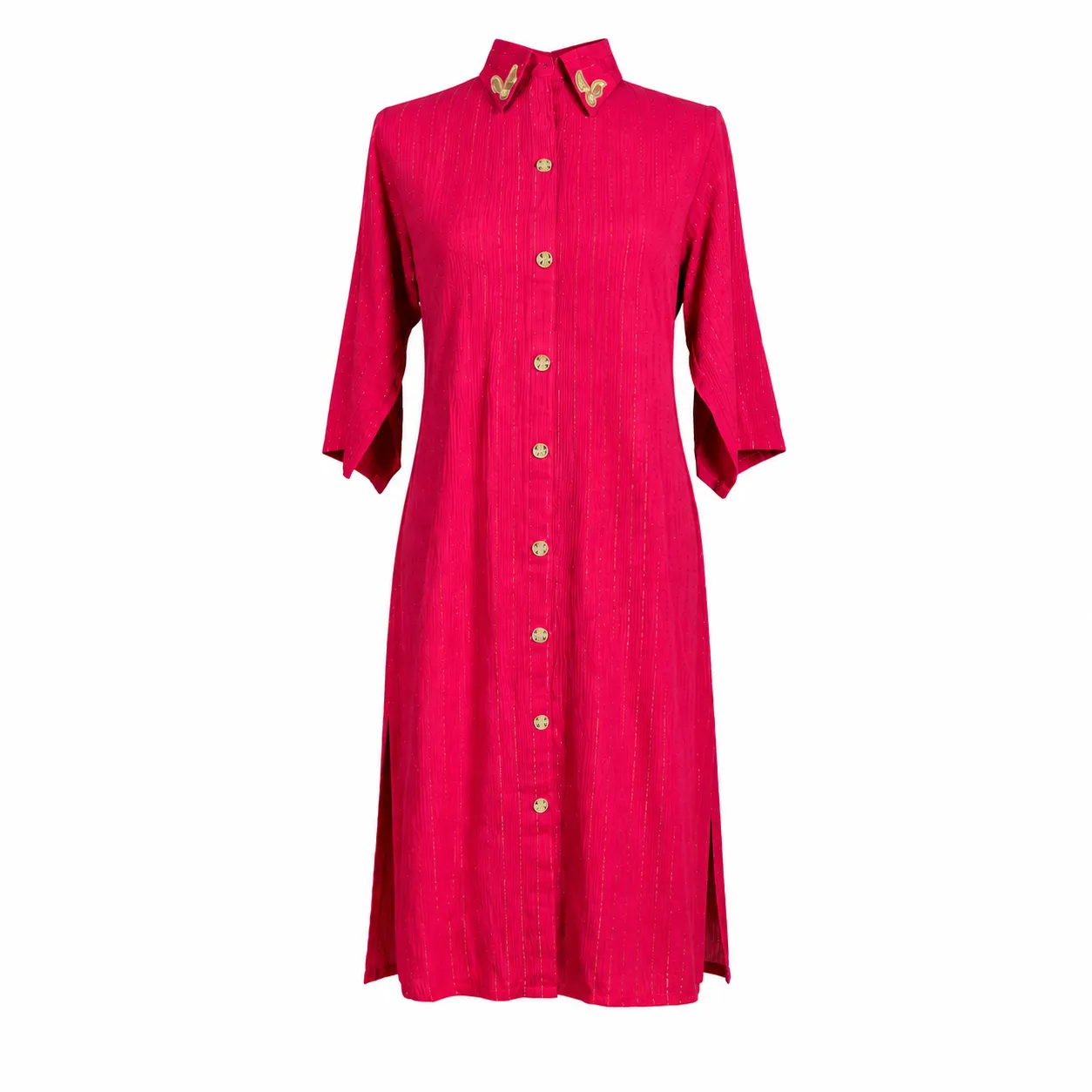 Women's Solid Pink Long Shirt with Embroidered Collar & Button-Down Front